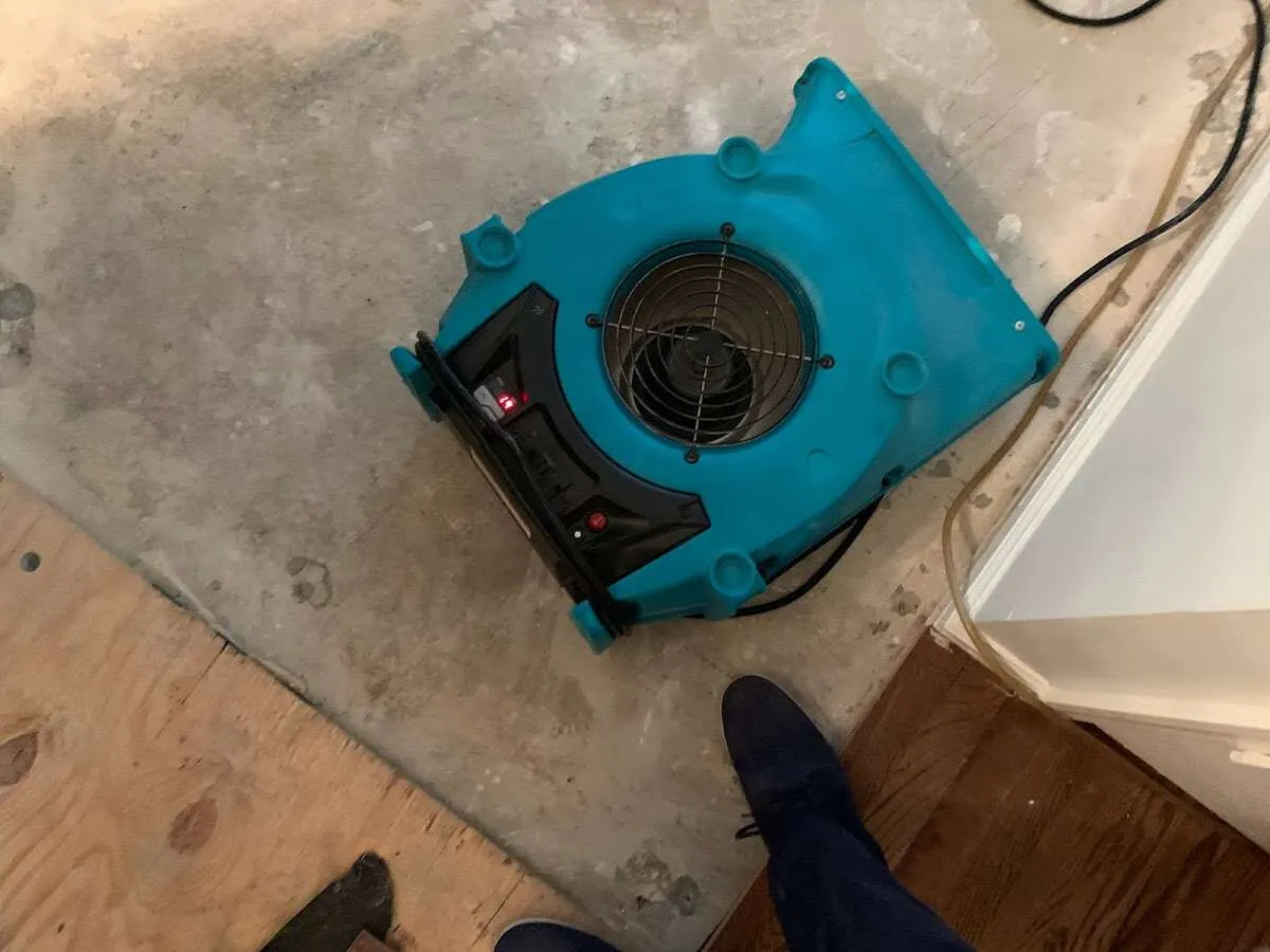 Air mover drying subfloor during Leak Detection & Repair in Camp Swift